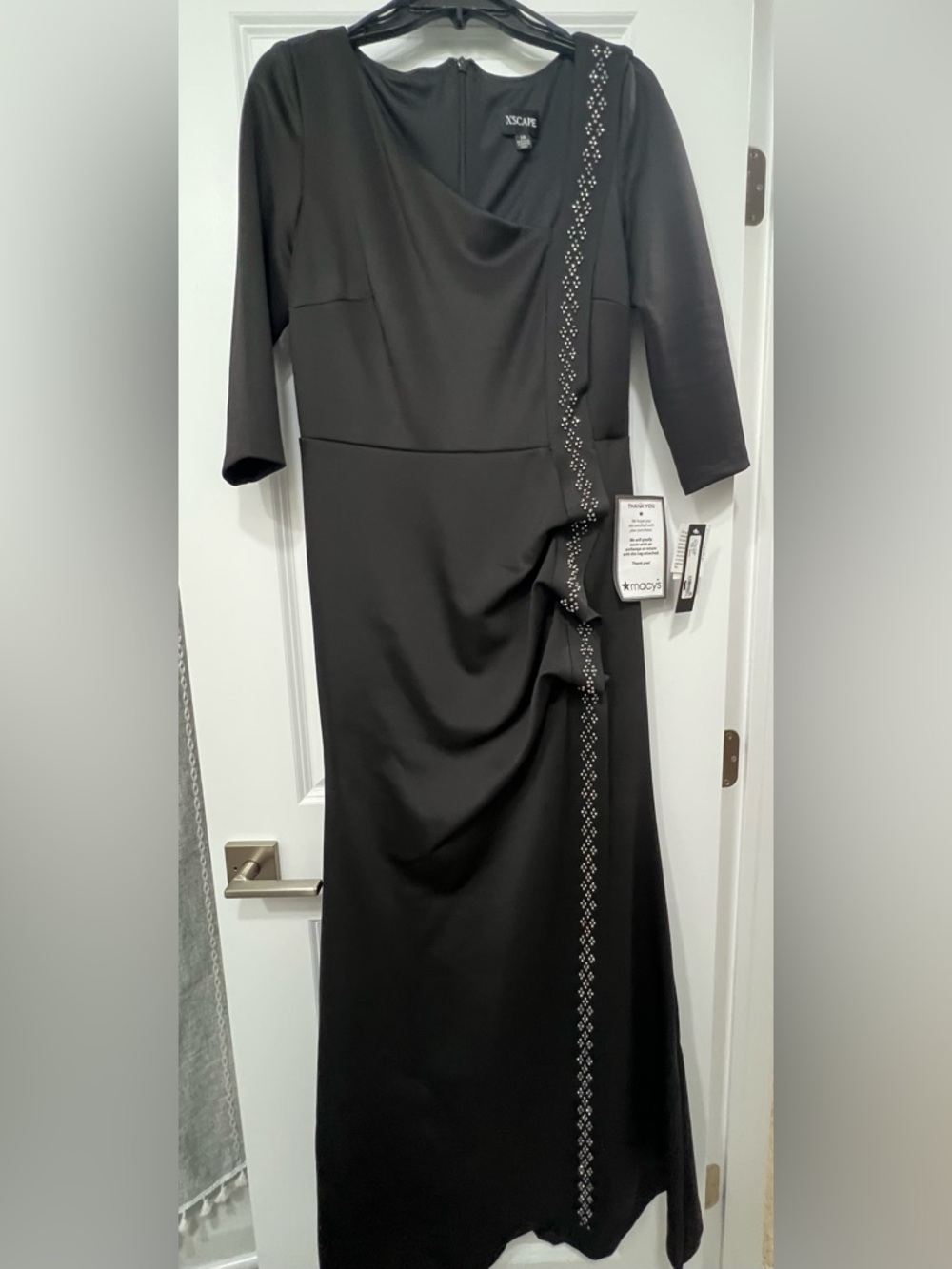 Xscape Black Long Sleeve Draped Evening Gown with Embellished Trim